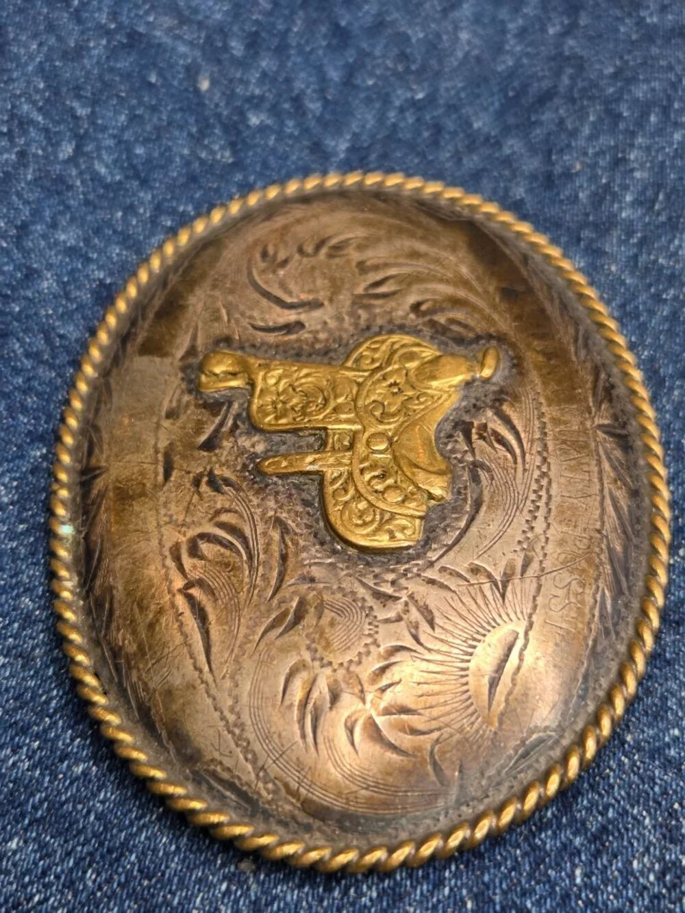Vintage B-K Silversmith Hand Engraved Sterling Silver Front Saddle Belt Buckle